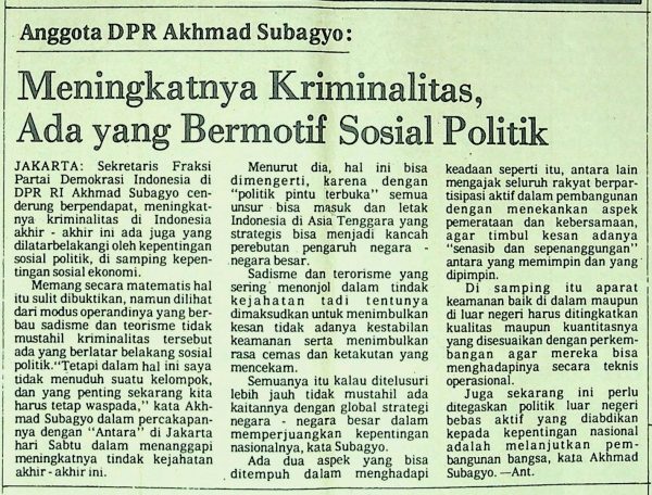 Anggota DPR Akhmad Subagyo: Meningkatnya Kriminalitas, Ada yang Bermotif Sosial Politik
