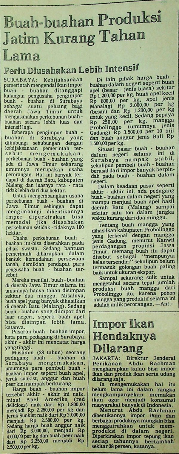 Buah-buahan Produksi Jatim Kurang Tahan Lama: Perlu Diusahakan Lebih Intensif
