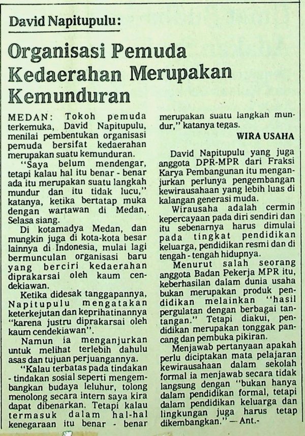 David Napitupulu: Organisasi Pemuda Kedaerahan Merupakan Kemunduran