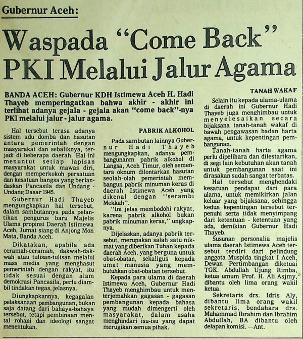 Gubernur Aceh: Waspada "Come Back" PKI Melalui Jalur Agama