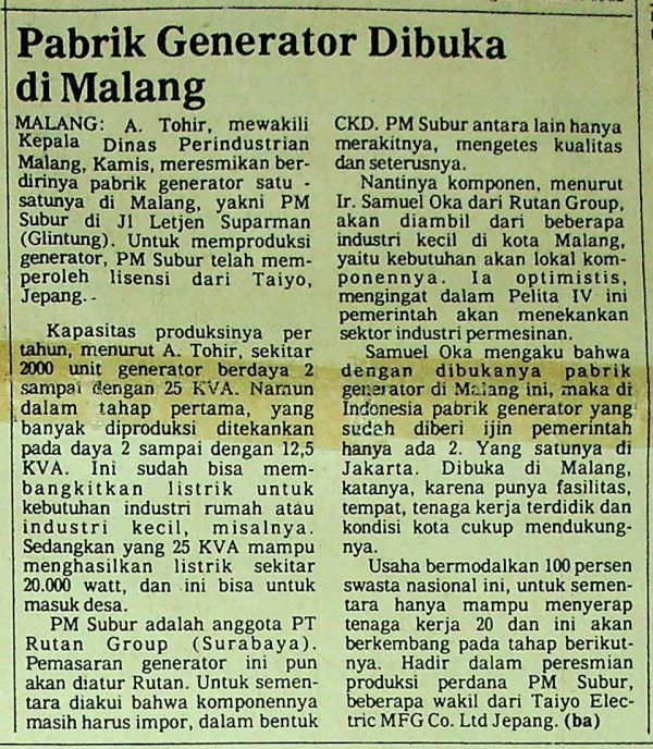 Pabrik Generator Dibuka di Malang