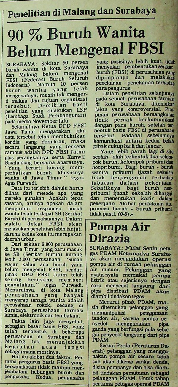 Penelitian di Malang dan Surabaya: 90% Buruh Wanita Belum Mengenal FBSI