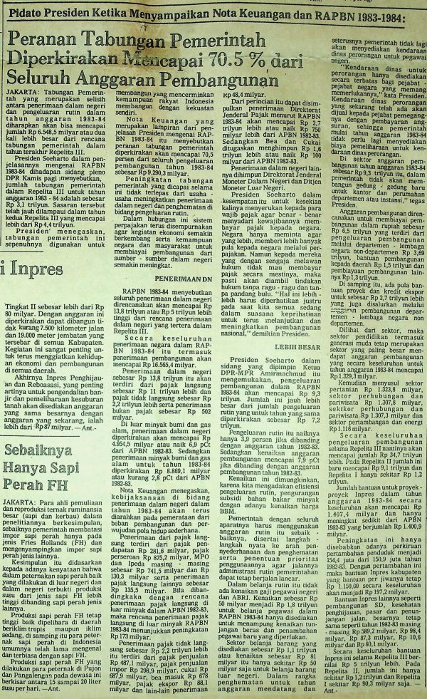 Pidato Presiden Ketika Menyampaikan Nota Keuangan dan RAPBN 1983-1984: Peranan Tabungan Pemerintah Diperkirakan Mencapai 70.5% dari Seluruh Anggaran Pembanguanan
