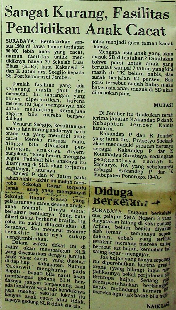 Sangat Kurang, Fasilitas Pendidikan Anak Cacat