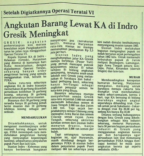 Setelah Digiatkanya Operasi Teratai VI: Angkutan Barang Lewat KA di Indro Gresik Meningkat