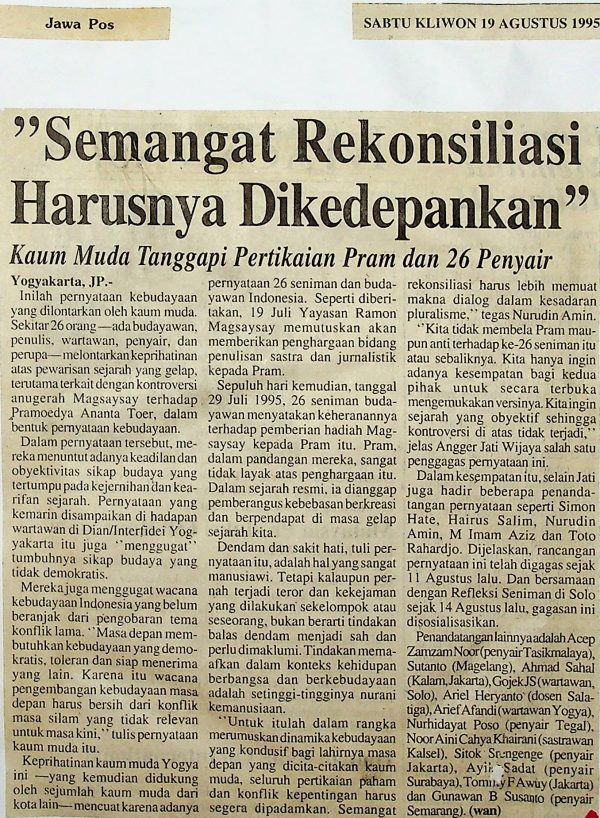 "Semangat Rekonsiliasi Harusnya Dikedepannkan", Kaum Muda Tanggapi Pertikaian Pram dan 26 Penyair