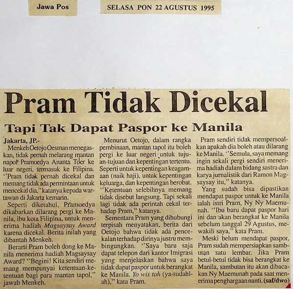 Pram Tidak Dicekal, Tapi Tak Dapat Paspor ke Manila