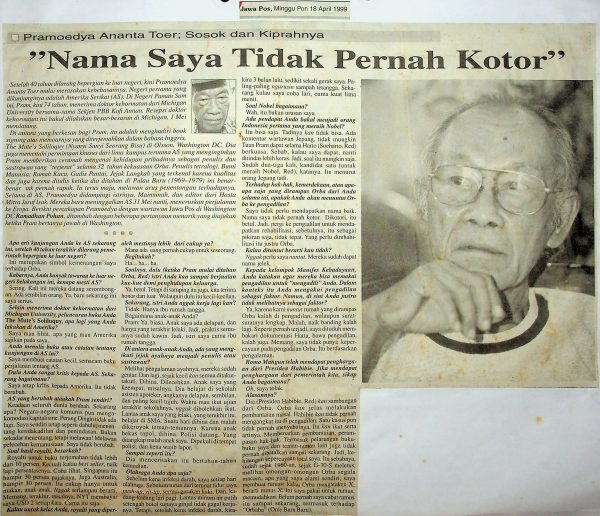 Pramoedya Ananta Toer: Sosok dan Kiprahnya "Nama Saya Tidak Pernah Kotor"