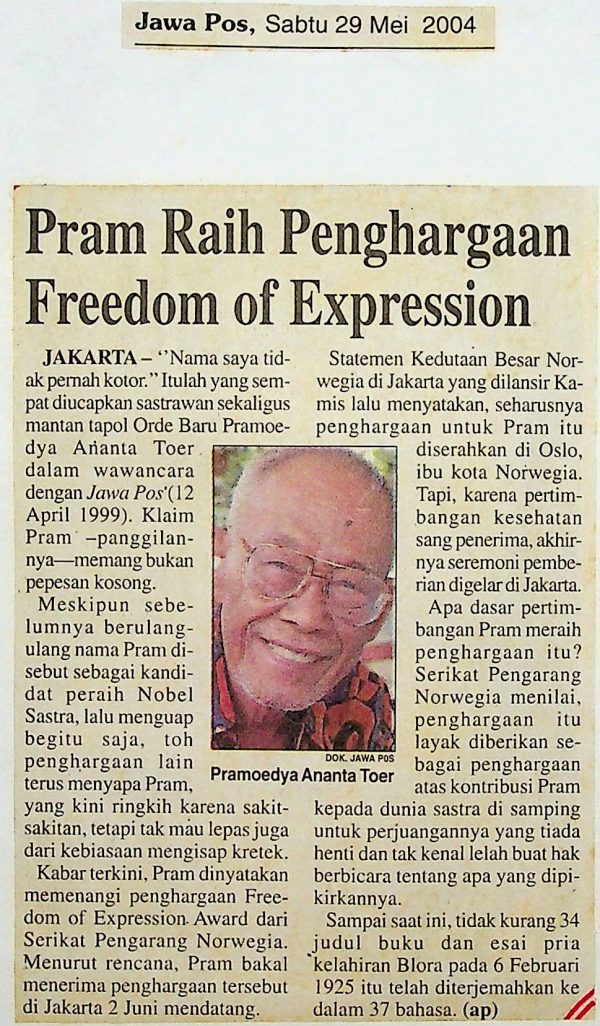Pram Raih Penghargaan Freedom of Expression