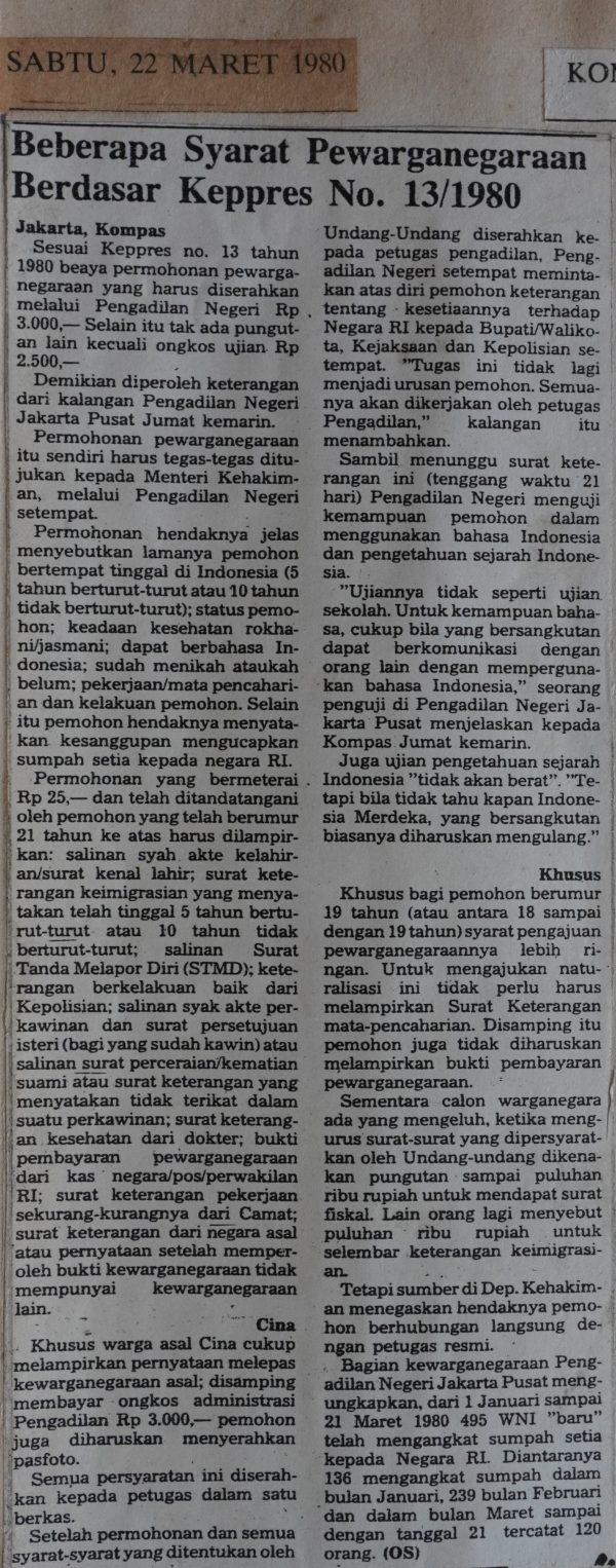 Beberapa Syarat Pewarganegaraan Berdasar Keppres No.13/1980