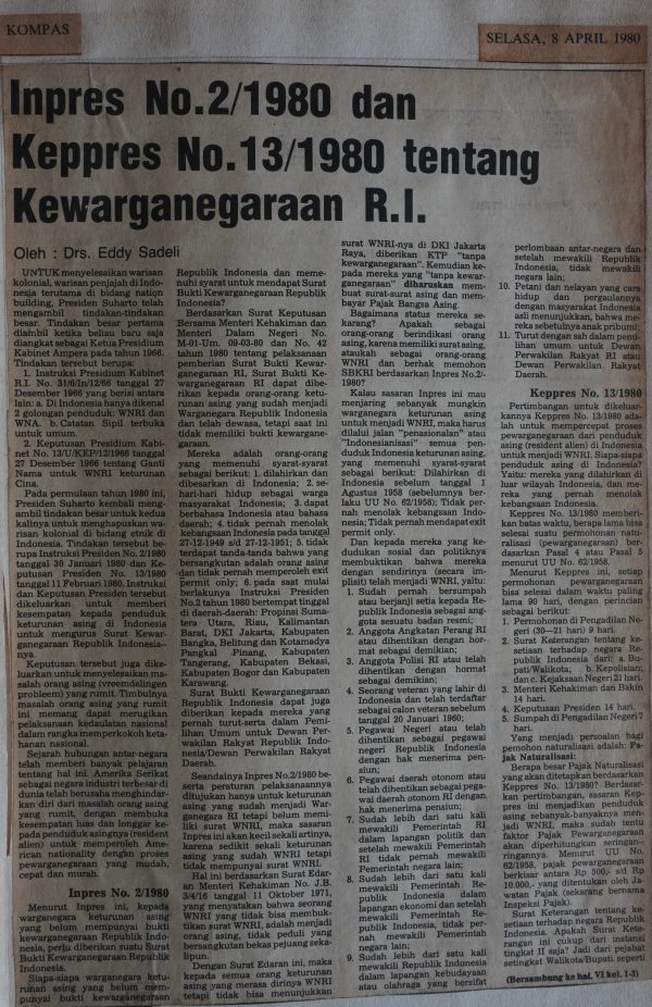 Inpres No.2/1980 dan Keppres No.13/ 1980 tentang Kewarganegaraan RI