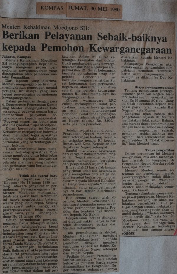 Menteri Kehakiman Moedjono SH: Berikan Pelayanan Sebaik- baiknya kepada Pemohon Kewarganegaraan