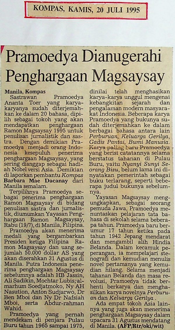 Pramoedya Dianugerahi Penghargaan Magsaysay