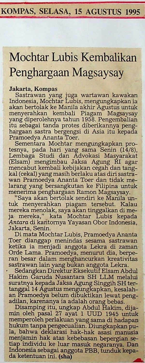 Mochtar Lubis Kembalikan Penghargaan Magsaysay