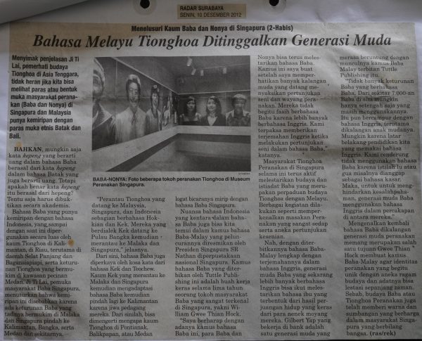Menelusuri Kaum Baba dan Nonya di Singapura (2- Habis): Bahasa Melayu Tionghoa Ditinggalkan Generasi Muda