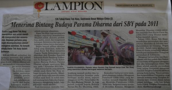 126 Tahun Kwee Tek Hoay, Sastrawan Besar Melayu- China (2): Menerima Bintang Budaya Parama Dharma dari SBY pada 2011
