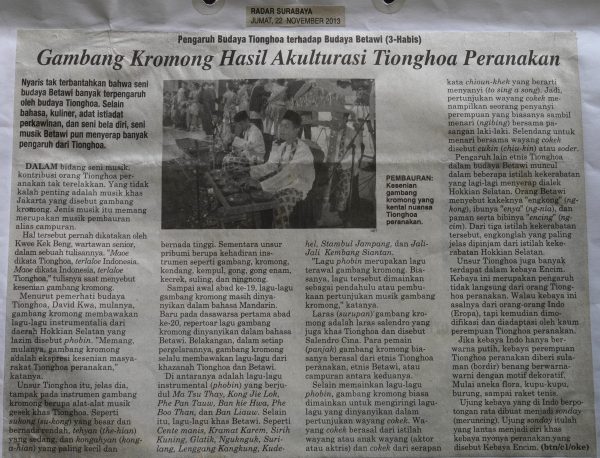 Pengaruh Budaya Tionghoa Terhadap Budaya Betawi (3-Habis): Gambang Kromong Hasil Akulturasi Tionghoa Peranakan