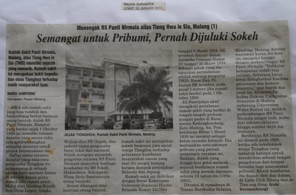 Menengok RS Panti Nirmala alias  Tiong Hwa Ie Sia, Malang (1): Semangat Pribumi, Pernah Dijuluki Sokeh