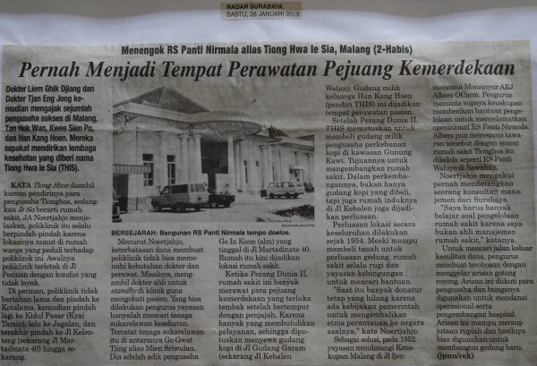Menengok RS Panti Nirmala alias  Tiong Hwa Ie Sia, Malang (2- Habis): Pernah Menjadi Tempat Perawatan Pejuang Kemerdekaan