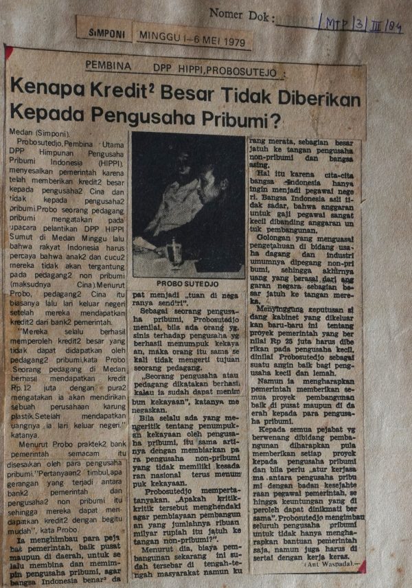 Pembina DPP HIPPI, Probosutejo: Kenapa Kredit- Kredit Besar Tidak Diberikan Kepada Pengusaha Pribumi?