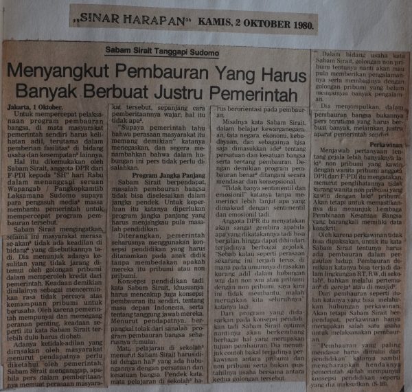 Sabam Sirait Tanggapi Sudomo, Menyangkut Pembauran yang Harus Banyak Berbuat Justru Pemerintah