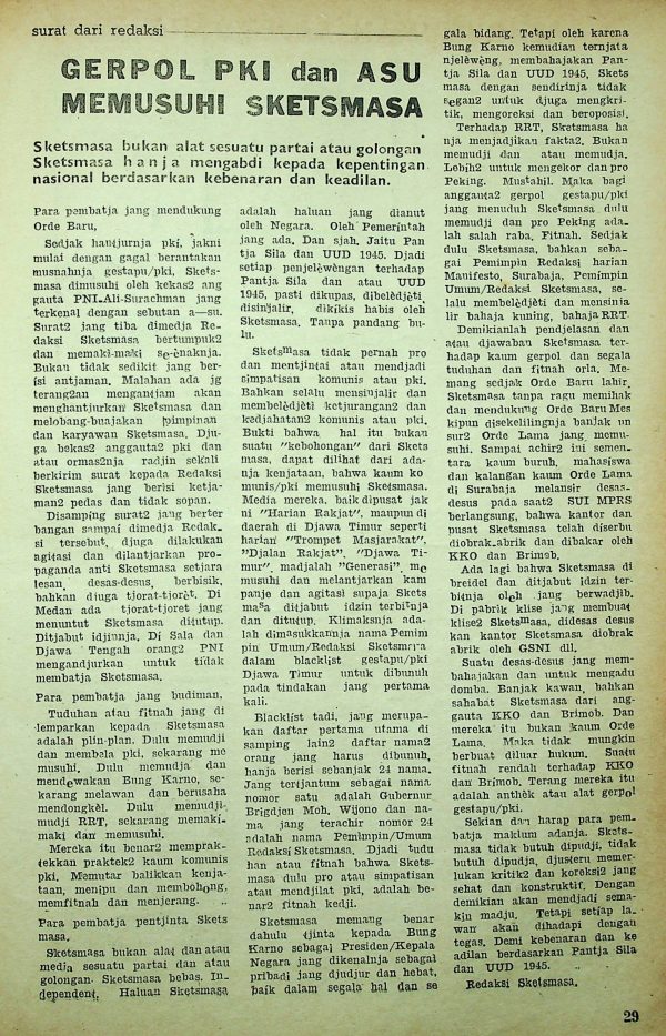 Gerpol PKI dan ASU Memusuhi Sketmasa