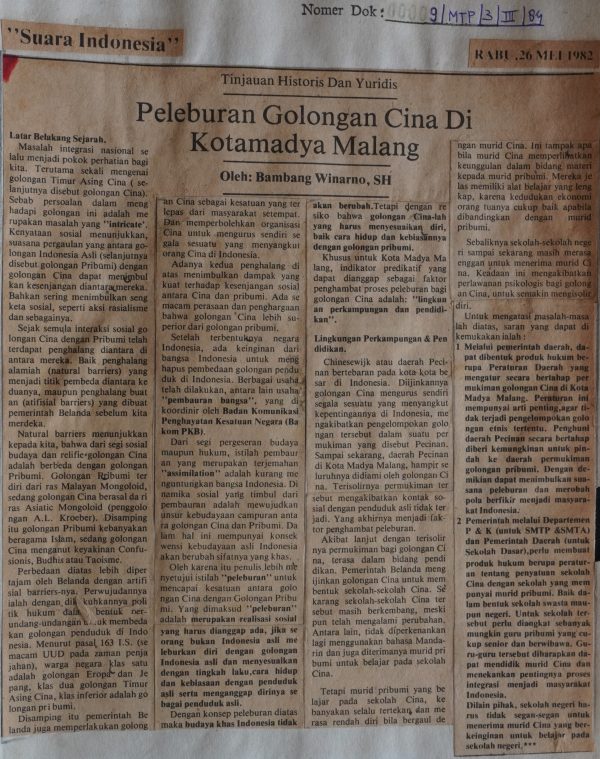 Tinjauan Historis dan Yuridis: Peleburan Golongan Cina di Kotamadya Malang
