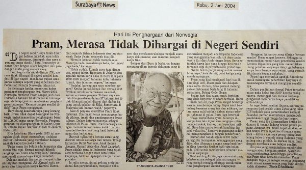 Hari Ini Penghargaan dari Norwegia: Pram, Merasa Tidak Dihargai di Negeri Sendiri