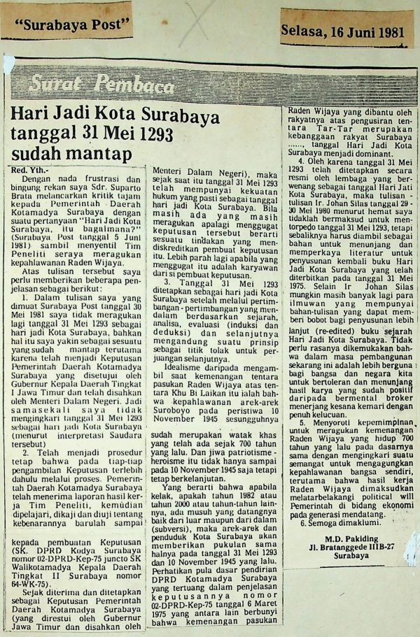 Hari jadi Kota Surabaya Tanggal 31 Mei 1293 Sudah Mantap